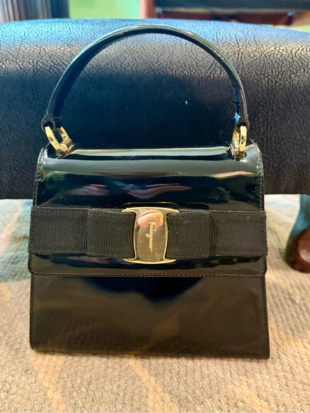Ferragamo Vintage Black Patent Leather Top Handle Mini Bag